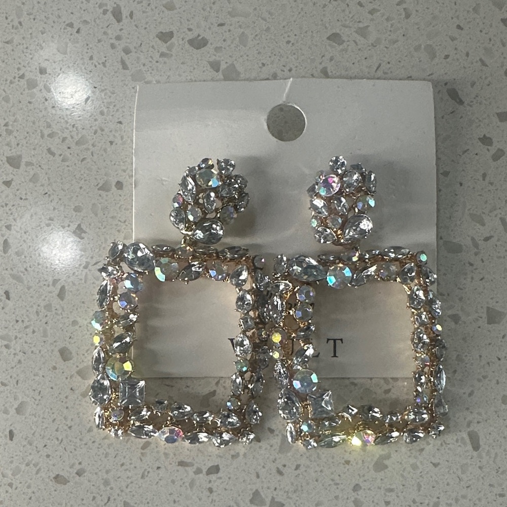 Crystal Square Drop Earrings - Clear Sparkle
